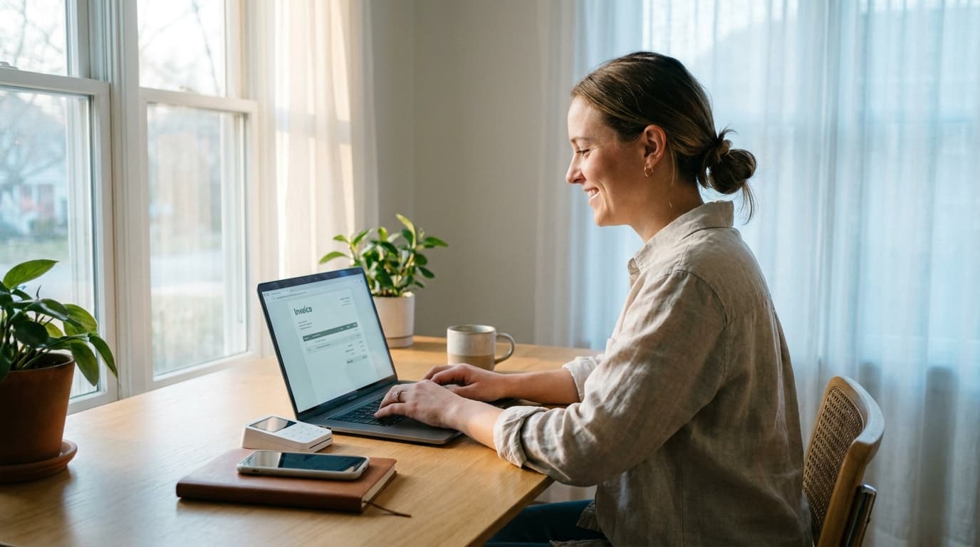 A small-business owner preparing a professional invoice on a laptop