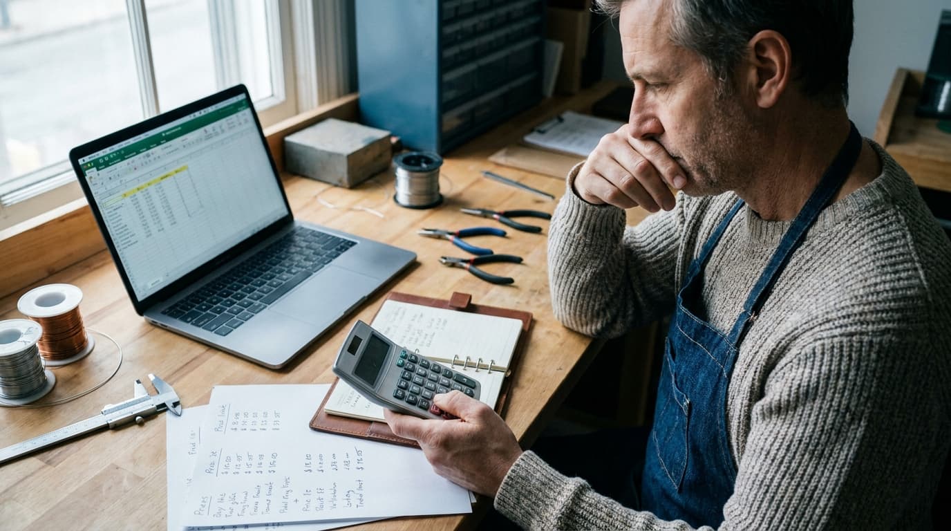 Service business owner calculating job pricing with a calculator and notebook