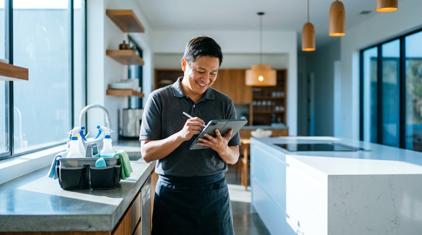 Professional cleaner preparing a quote in a spotless modern home