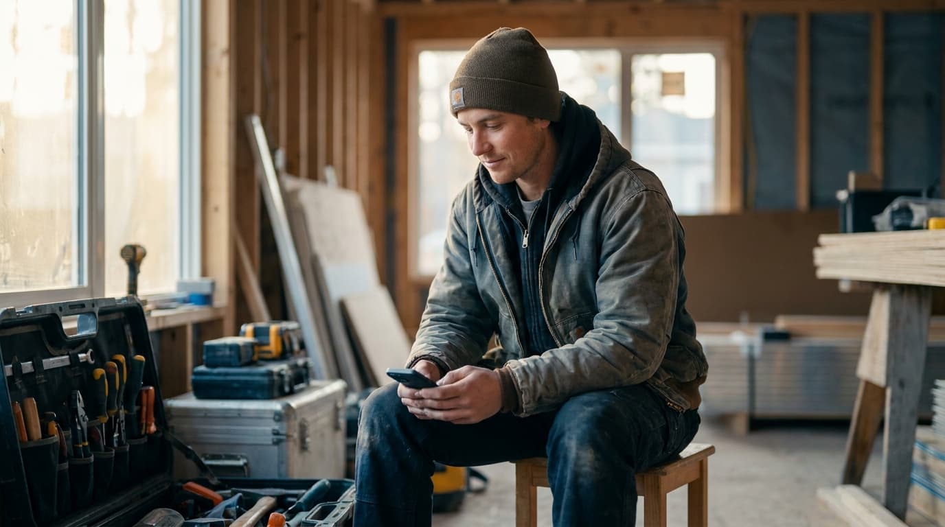Tradesperson looking thoughtfully at a phone waiting for a client to reply