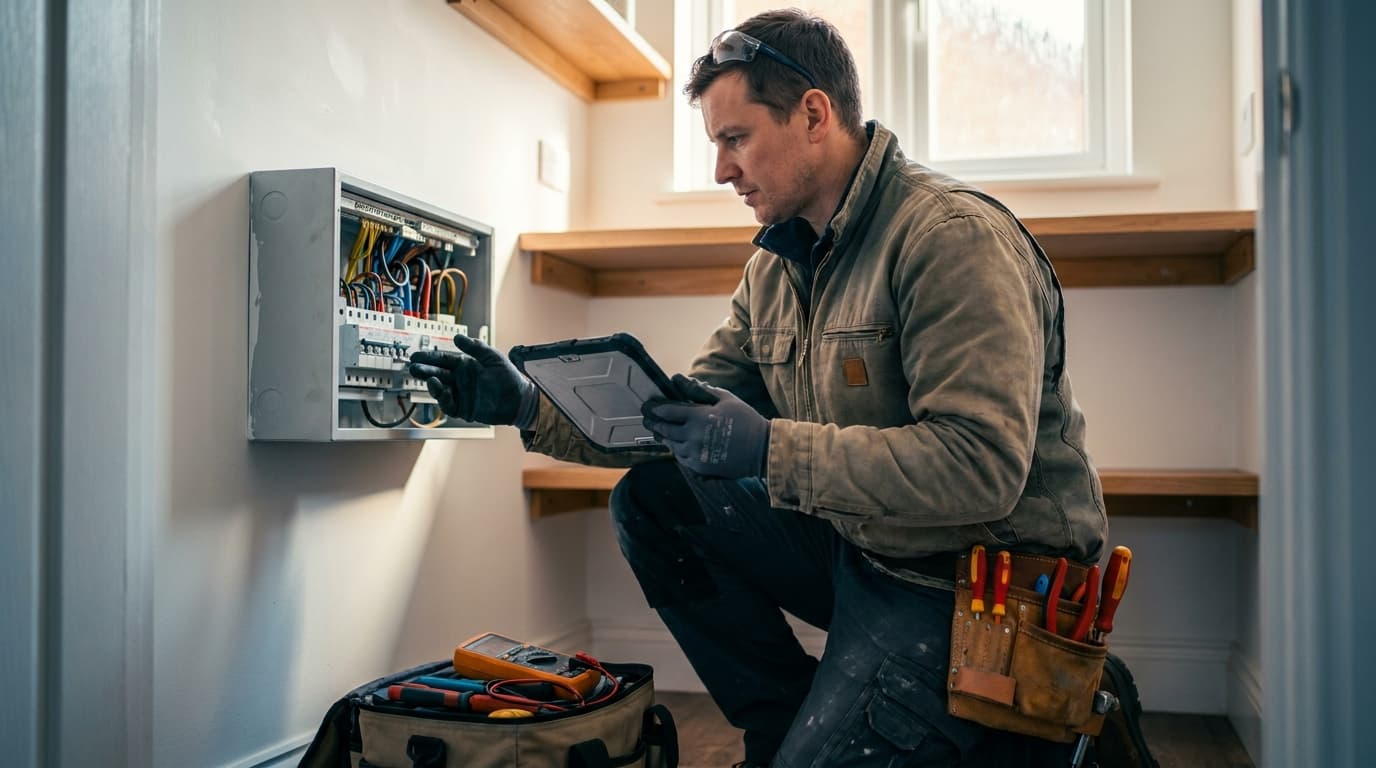 Electrician preparing a quote on a tablet beside a consumer unit