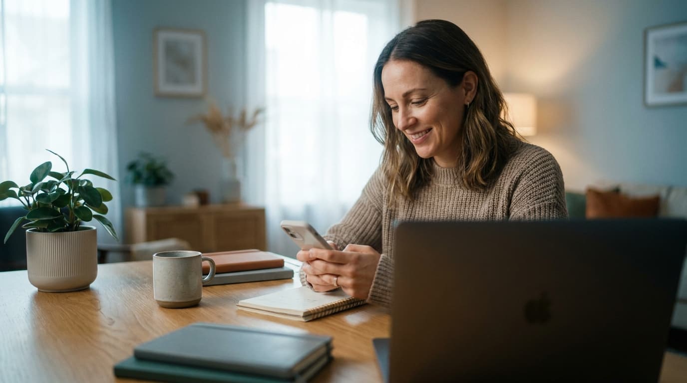 A small-business owner calmly sending a polite payment reminder on a phone