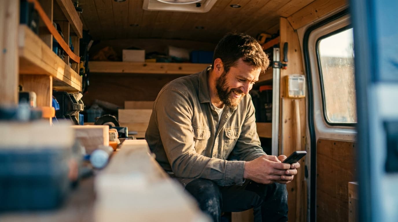 Small business owner sending a friendly quote follow-up message on a phone