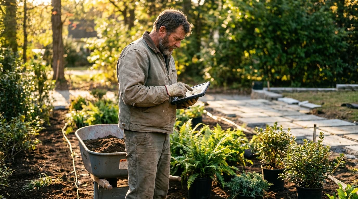 Landscaper preparing a quote on a tablet in a garden being landscaped